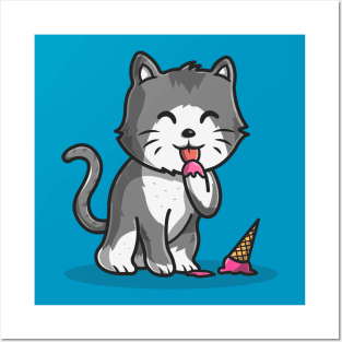 Cute Cat Eating Ice Cream Cone Cartoon Vector Icon Illustration Posters and Art
